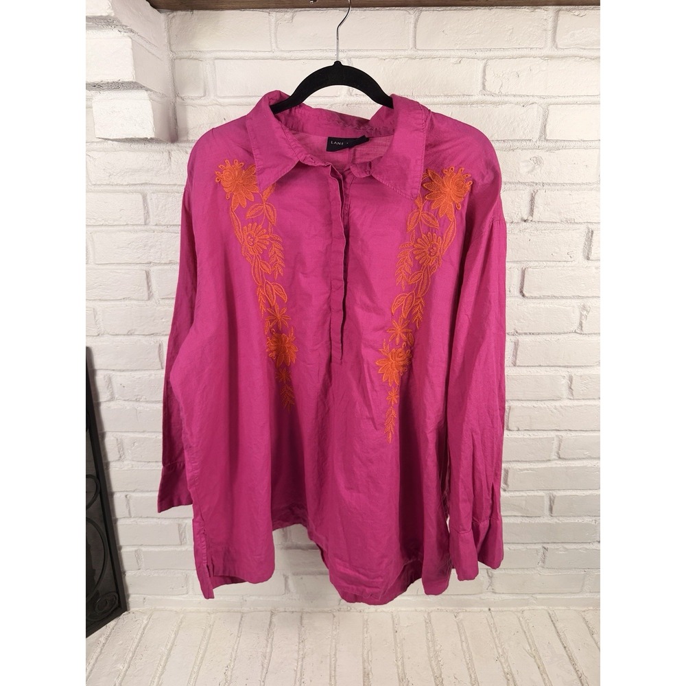Lane Bryant 22/24 Pink Orange Embroidered Cotton Tunic Blouse Boho Plus Size